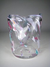 Art Glass Vase 5 inch Unsigned Ponital Confetti Pattern Double Opening Pink  picture