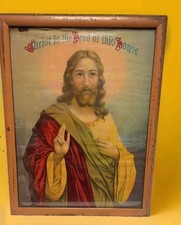 Antique 1910 1920 Framed Christ Is The Head Of This House Jesus Lithograph Wire picture