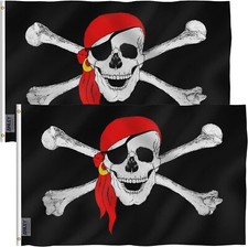 Anley 2 Pack 3x5 Ft Jolly Roger Pirate Flag Red Bandana Skull Banner Polyester picture