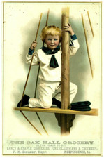 Trade Card Large Sailor Boy Oak Hall Grocery Independence -X picture