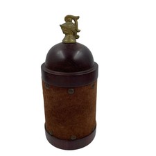 Vintage Wood Suede Humidor Canister Brass Knight Helmet Finial Studded Medieval picture