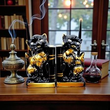 Vintage Black Cat Bookends Desk Set Gold Windsor Japan 1960s MCM Gothic picture