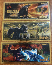 Godzilla Vs King Kong 3 PC SET 24k Gold Foil Plated Novelty Bills Collectibles picture