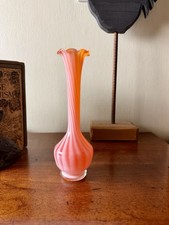 MCM Creamsicle Swirl Glass Bud Vase Ruffle Top Fluted Striped Vintage 1960s picture