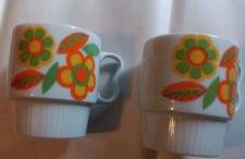 VINTAGE 60's 70’s Retro Stackable Mod MCM Flower Power 2 Coffee Tea Cup Mugs picture