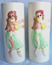 2 Vintage  Orchids Of Hawaii  HULA GIRL Motif  Tall  Ceramic Drinking Glasses picture