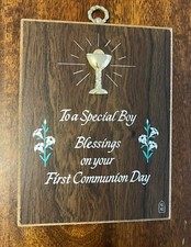 Vtg First Communion Gift Special Blessings To Boy on Wood Wall Hanging Religion picture