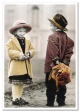 Kids. Lovely GIRL & BOY with a bouquet of flowers ART NEW modern Postcard picture