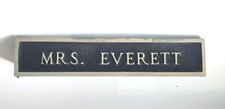 Vintage MRS. EVERETT Metal Name Plate Sign Raised White Letters Black Silver picture