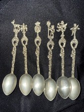 Vintage Italy Pewter Souvenir Spoon Set of 6 Firenze Venice Cherub Fleur-de-Lis picture