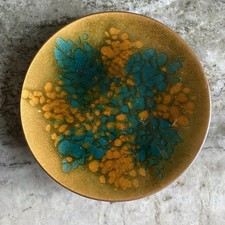 Kareka Enamel Metallic Copper Trinket Dish Gold Green Round 4” MCM Speckled picture