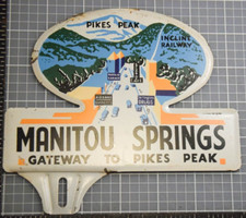 MANITOU SPRINGS PIKES PEAK STAMPED PAINTED METAL PLATE TOPPER SIGN 1950s  picture