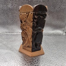Vtg Hand-Carved African Wood Vase – Jungle Animals Two-Tone 6-Sided 4