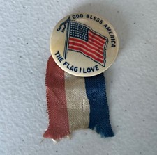 Rare 48 Star American Flag Pin Back Button with Ribbon