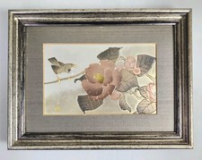 Vtg Lin-Art Ltd Japanese Chokin Art Plaque Bird Camellia Flowers Framed 12