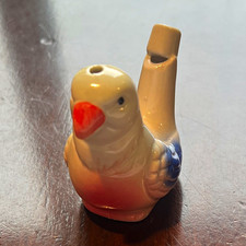 Ceramic Bird Figurine Whistle Hand Painted Glazed White Blue Orange Small picture