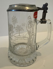 Vintage ALWE West Germany 0.5L Glass Beer Stein Pewter Lid Etched Golf Scene picture