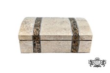 Tessellated Travertine Stone Box Vintage Rectangular Inlaid Dome Top Lidded Box picture