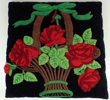 Antique Vtg Folk Art Black Velvet Red Rose Basket of Flowers Punch Needle Pillow picture