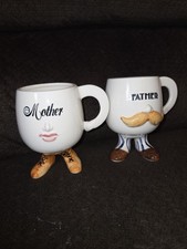 VINTAGE 1976 ENESCO WHITE MOTHER FATHER FACE WITH FEET MUG EGG CUP SET JAPAN  picture