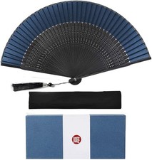 Premium Japanese Silk Folding Fan Blue Bamboo Men Women Sensu Pouch Gift Box picture