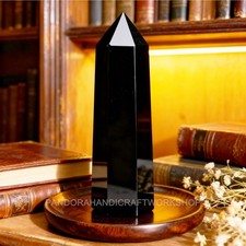 Black Obsidian Crystal Tower Point Healing Crystal Obelisk Gemstone Tower Wand picture