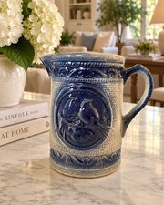19th C Antique Salt Glaze Stoneware Pitcher Cobalt Blue Bird Medallion Primitive picture