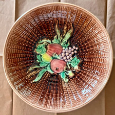 Antique Majolica Brown Basket Weave Bowl with Fruit - MINT - REDUCED picture