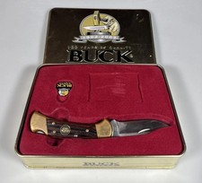 Buck 100th Anniversary Folding Knife 1902-2002 USA Wood Brass Tin & Pin picture