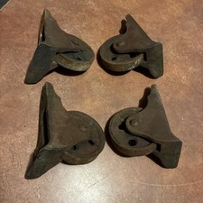 VTG ANTIQUE OLD LARGE CAST IRON INDUSTRIAL SAFE CASTER WHEEL SET OF 4 HEAVY DUTY picture