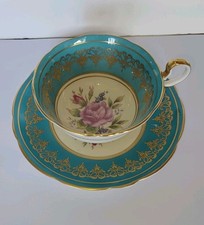 Vintage Aynsley Turquoise and Gold Cabbage Rose Bone China Cup and Saucer picture