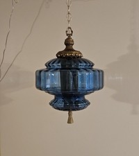 BLUE Falkenstein Antique Hanging Glass Globe Vintage Light Swag Lamp Retro  picture
