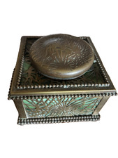 Authentic Tiffany Studios NY Pine Needle Inkwell #91 Bronze & Favrile Glass  picture