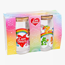 Care Bears Glass Drinking Tumblers Set of 2 Rainbow Cloud w/ Bamboo Lids Straws picture