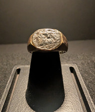 Ancient Roman Bronze Signet Stone Ring w/ Horse Rider + Standing Figure Size 8 picture