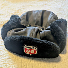 Phillips 66 Ear Flap Trapper Hat, Black/Red/White Gas & Oil, Size 7 3/4 USA picture
