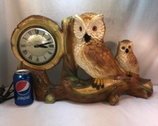 Vtg 1950-60's Chalkware Lanshire Clock Owl Mom Or Dad One Baby Family Cabin Farm picture