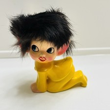 1950’s Pixie Elf Figurine Vintage Ceramic Pointy Ears Furry Hair Rare Yellow picture