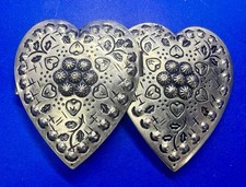 Dual Twin Hearts Shaped Studded Floral Silver Color Lightweight Vtg. Belt Buckle picture