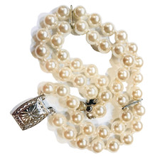 VTG Pearl Bracelet Multi Strand Knotted Hi Quality Faux G.Silver Box Clasp 7.25