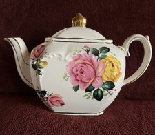 Vintage Sadler Cube Teapot Floral Roses Gold Trim Made in England Mark Stamp picture