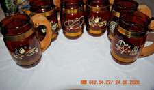 6 Vintage SIESTA WARE Amber Glass Mugs Western Cowboy Motif  with Wooden Handle picture