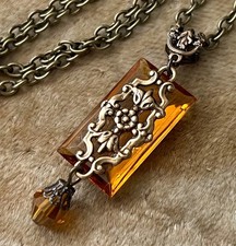 Vintage Necklace Art Nouveau Brass Pendant Antique Amber Czech Glass Drop picture