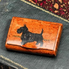 Fantastic Antique Handmade Burlwood Snuff Box Hand Painted Scottish Terrier Dog picture
