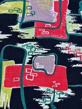 Design Caravan 1950’s BLACK Space Atomic Mid Century Barkcloth Vintage Fabric picture