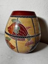 Vintage Nicaraguan Art Pottery Hand Painted Carved Vase Fish 3” Etched  picture