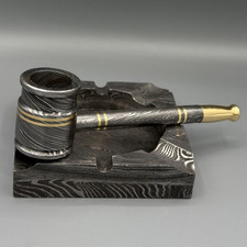 Handmade Damascus Steel smoking pipe and Ashtray cigar lover collectible set picture
