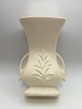 Vintage McCoy Cream White Ceramic Art Deco Vase with Handles Flowers 8” Tall picture