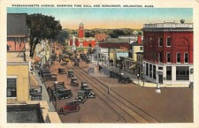 Arlington MA Massachusetts Storefronts Fire Hall & Monument Postcard Copy picture
