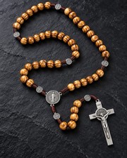 JERUSALEM WOOD BEAD CATHOLIC ROSARY ST BENEDICT CRUCIFIX HOLY LAND 45CM picture